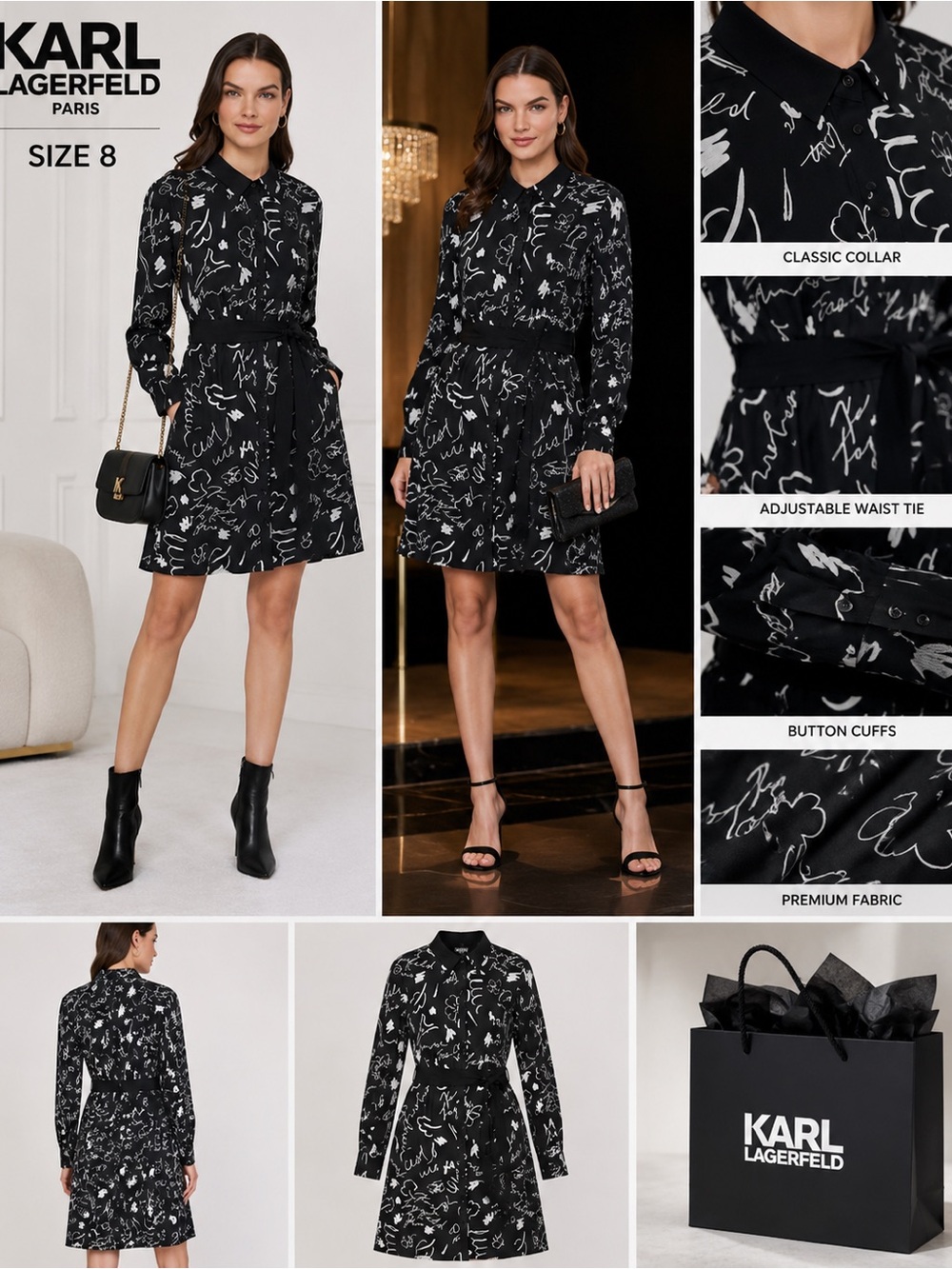Karl Lagerfeld Black and White Long-Sleeve Printed Shirt Dress